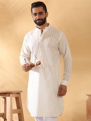 Cotton embroidered cream pathani kurta and salwar 4