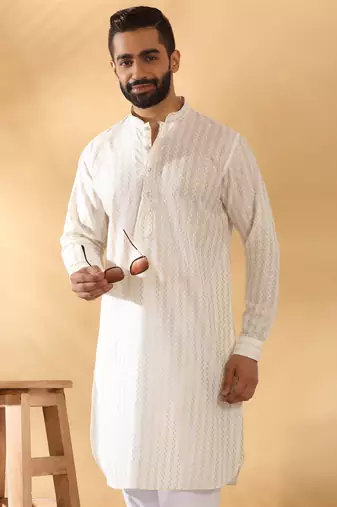 Cotton embroidered cream pathani kurta and salwar