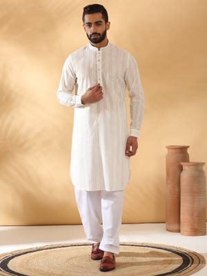 Cotton embroidered cream pathani kurta and salwar 1
