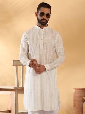 Cotton embroidered cream pathani kurta and salwar 4