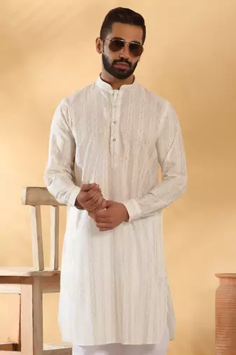 Cotton embroidered cream pathani kurta and salwar