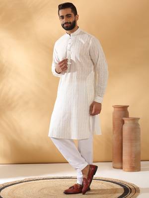 Cotton embroidered cream pathani kurta and salwar 1