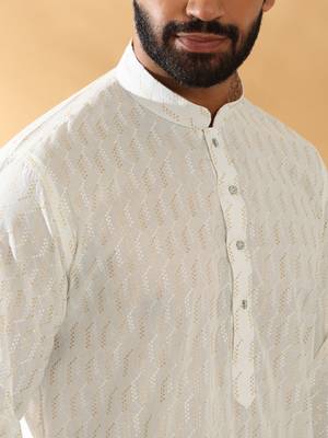 Cotton embroidered cream pathani kurta and salwar 2