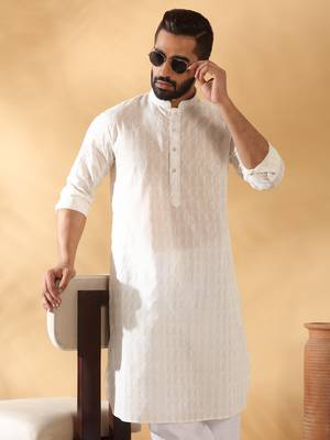 Cotton embroidered cream pathani kurta and salwar 4