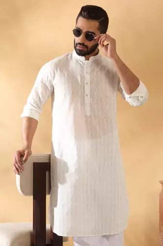 Cotton embroidered cream pathani kurta and salwar
