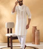 Cotton embroidered cream pathani kurta and salwar