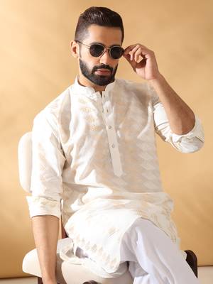 Cotton embroidered cream pathani kurta and salwar 5