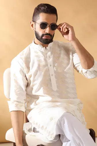 Cotton embroidered cream pathani kurta and salwar