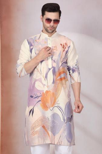 Floral printed beige mandarin collor cotton kurta with pyjama