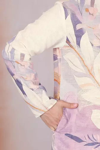 Floral printed beige mandarin collor cotton kurta with pyjama