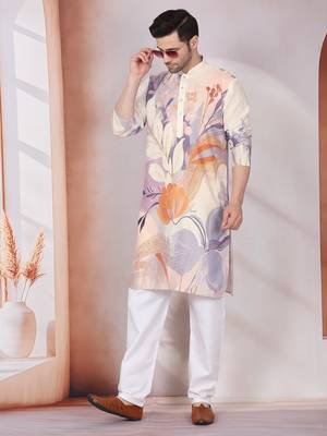 Floral printed beige mandarin collor cotton kurta with pyjama 4