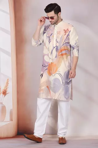 Floral printed beige mandarin collor cotton kurta with pyjama