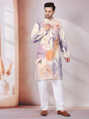 Floral printed beige mandarin collor cotton kurta with pyjama 5