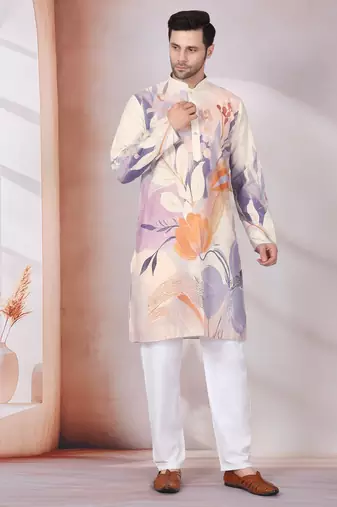 Floral printed beige mandarin collor cotton kurta with pyjama