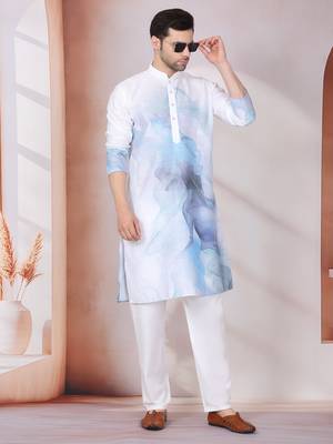 Abstract marble printed blue mandarin collor cotton kurta with pyjama 4