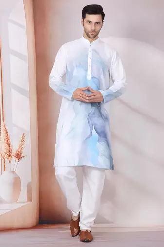 Abstract marble printed blue mandarin collor cotton kurta with pyjama