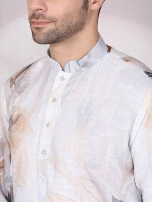 Leaf printed grey mandarin collor cotton kurta with pyjama 2