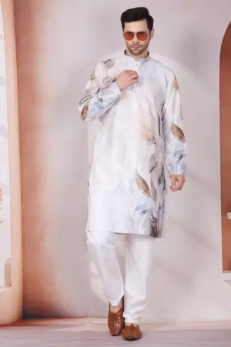 Leaf printed grey mandarin collor cotton kurta with pyjama