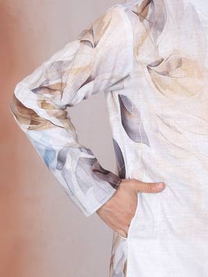 Leaf printed grey mandarin collor cotton kurta with pyjama 4