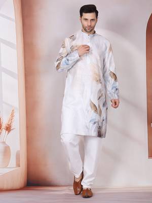 Leaf printed grey mandarin collor cotton kurta with pyjama 5