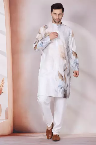 Leaf printed grey mandarin collor cotton kurta with pyjama