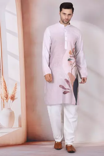 Floral printed mauve mandarin collor cotton kurta with pyjama