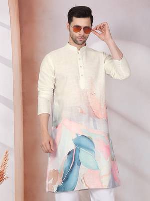 Abstract marble printed cream mandarin collor cotton kurta with pyjama 1