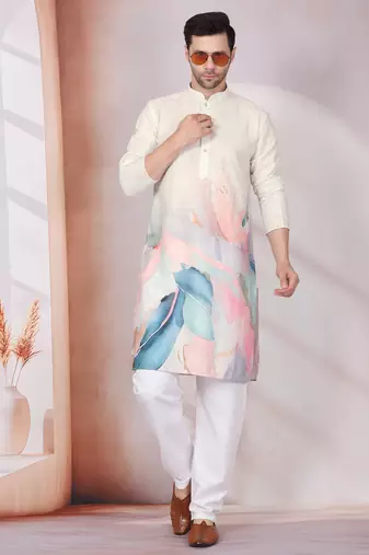 Abstract marble printed cream mandarin collor cotton kurta with pyjama