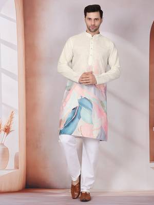 Abstract marble printed cream mandarin collor cotton kurta with pyjama 5