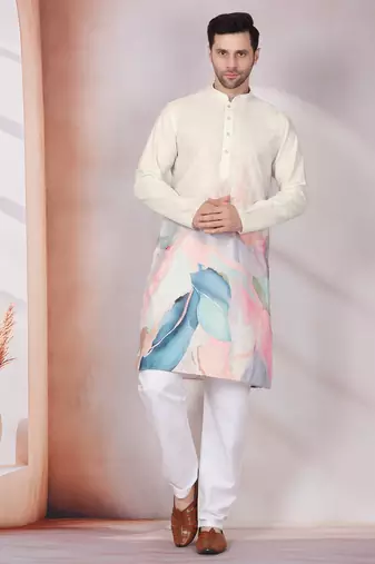 Abstract marble printed cream mandarin collor cotton kurta with pyjama
