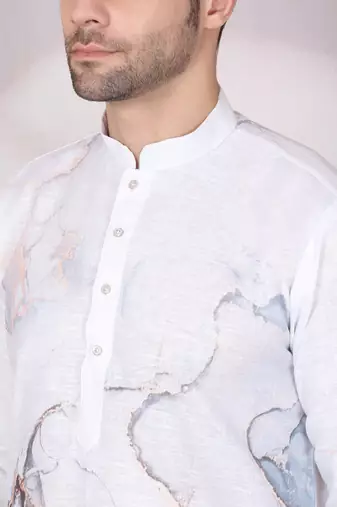 Abstract marble printed white mandarin collor cotton kurta with pyjama