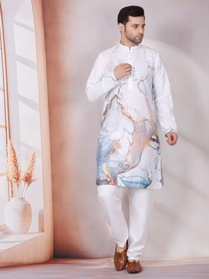 Abstract marble printed white mandarin collor cotton kurta with pyjama 5