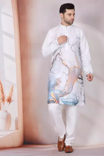 Abstract marble printed white mandarin collor cotton kurta with pyjama
