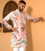 Animal printed beige mandarin collor cotton summer kurta with pyjama