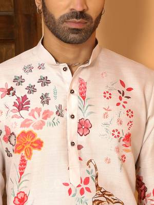 Animal printed beige mandarin collor cotton summer kurta with pyjama 3