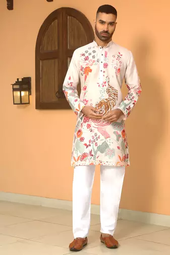 Animal printed beige mandarin collor cotton summer kurta with pyjama