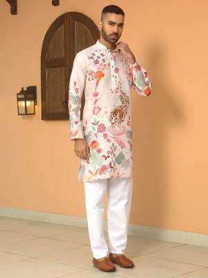Animal printed beige mandarin collor cotton summer kurta with pyjama 6