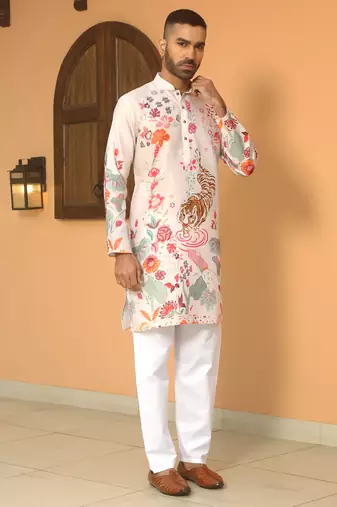Animal printed beige mandarin collor cotton summer kurta with pyjama
