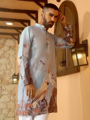Animal printed blue mandarin collor cotton summer kurta with pyjama 1