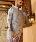 Animal printed blue mandarin collor cotton summer kurta with pyjama