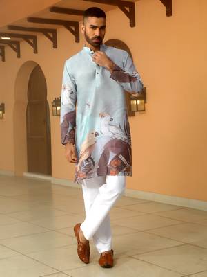 Animal printed blue mandarin collor cotton summer kurta with pyjama 5