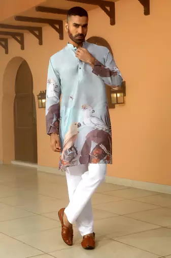 Animal printed blue mandarin collor cotton summer kurta with pyjama