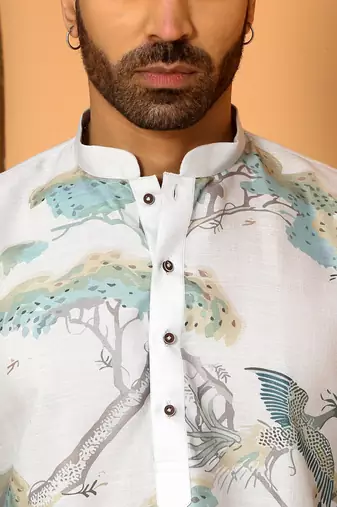 Animal printed grey mandarin collor cotton summer kurta with pyjama