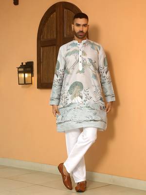 Animal printed grey mandarin collor cotton summer kurta with pyjama 4
