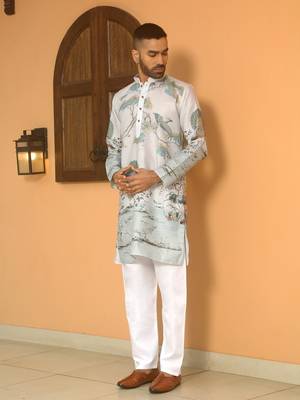 Animal printed grey mandarin collor cotton summer kurta with pyjama 5