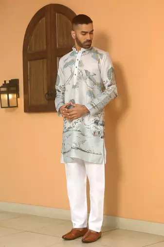 Animal printed grey mandarin collor cotton summer kurta with pyjama