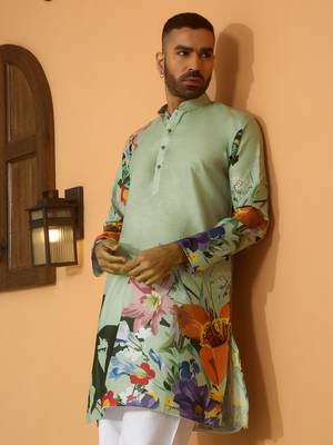 Floral printed green mandarin collor cotton summer kurta with pyjama 1