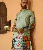 Floral printed green mandarin collor cotton summer kurta with pyjama