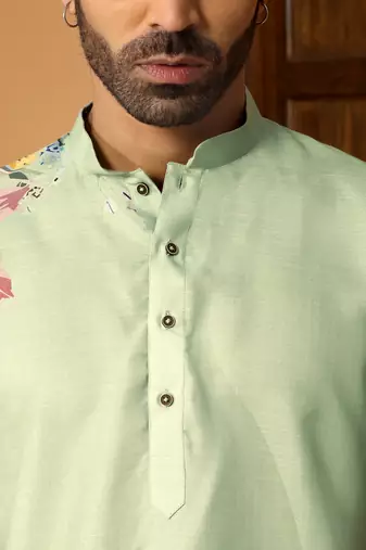 Floral printed green mandarin collor cotton summer kurta with pyjama