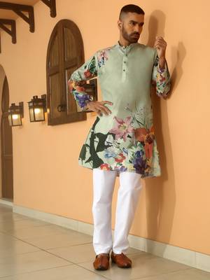 Floral printed green mandarin collor cotton summer kurta with pyjama 3